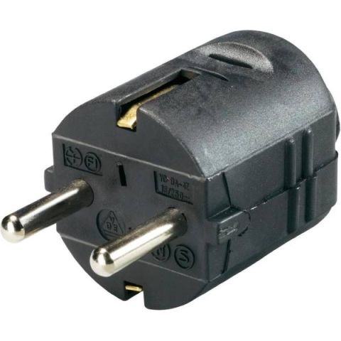 GAO csatlakozó dugó,lengő,2P+F(műanyag)középső kivezetésű fekete  0142H - elektrobagoly.hu