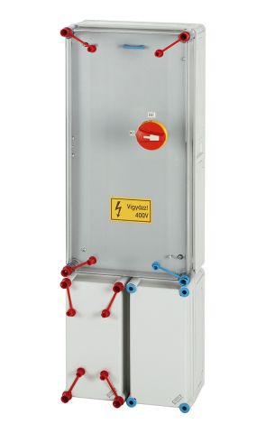 HBCSFDMK-U fogadó modul 125A-ig, tűzeseti főkapcsolóval.