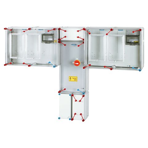 HCS422 csoportos mérőhely, két fogyasztó részére mindennapszaki (80 A) és vezérelt (32 A) / H-tarifa (63 A) méréshez, kapcsolóval és NH 00 szakaszolható biztosítóaljzattal túlfeszültség levezetőhöz előkészítve