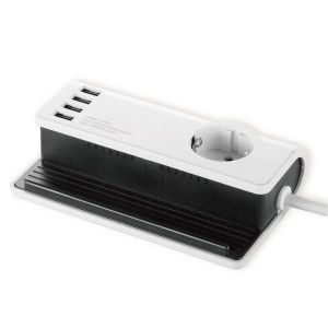 GAO Asztali hosszszabbító 1.4méteres vezetékkel (3x1.5mm2 fehér) egy gyermekvédelmes dugalj és 4db USB aljzat, 0433H - elektrobagoly.hu